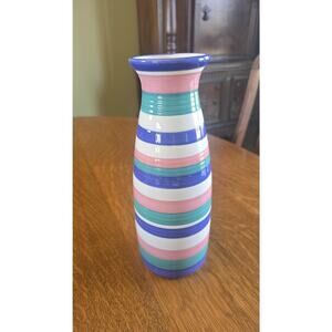 Colorful Striped Ceramic Pottery Vase Pastel Blue Pink Green Home Decor